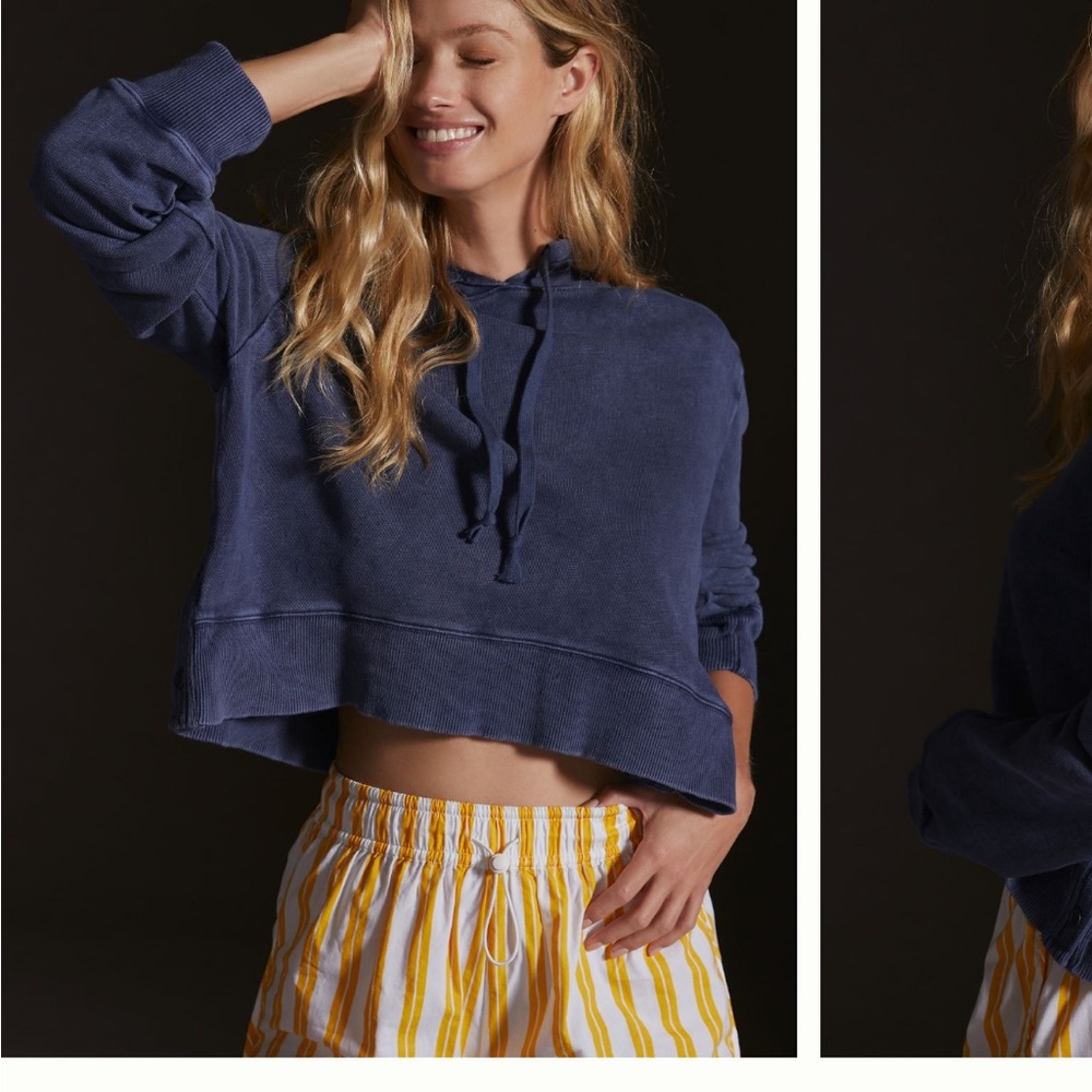 ANTHROPOLOGIE Daily Practice Navy Blue Cotton Bengal Pullover Sweatshirt